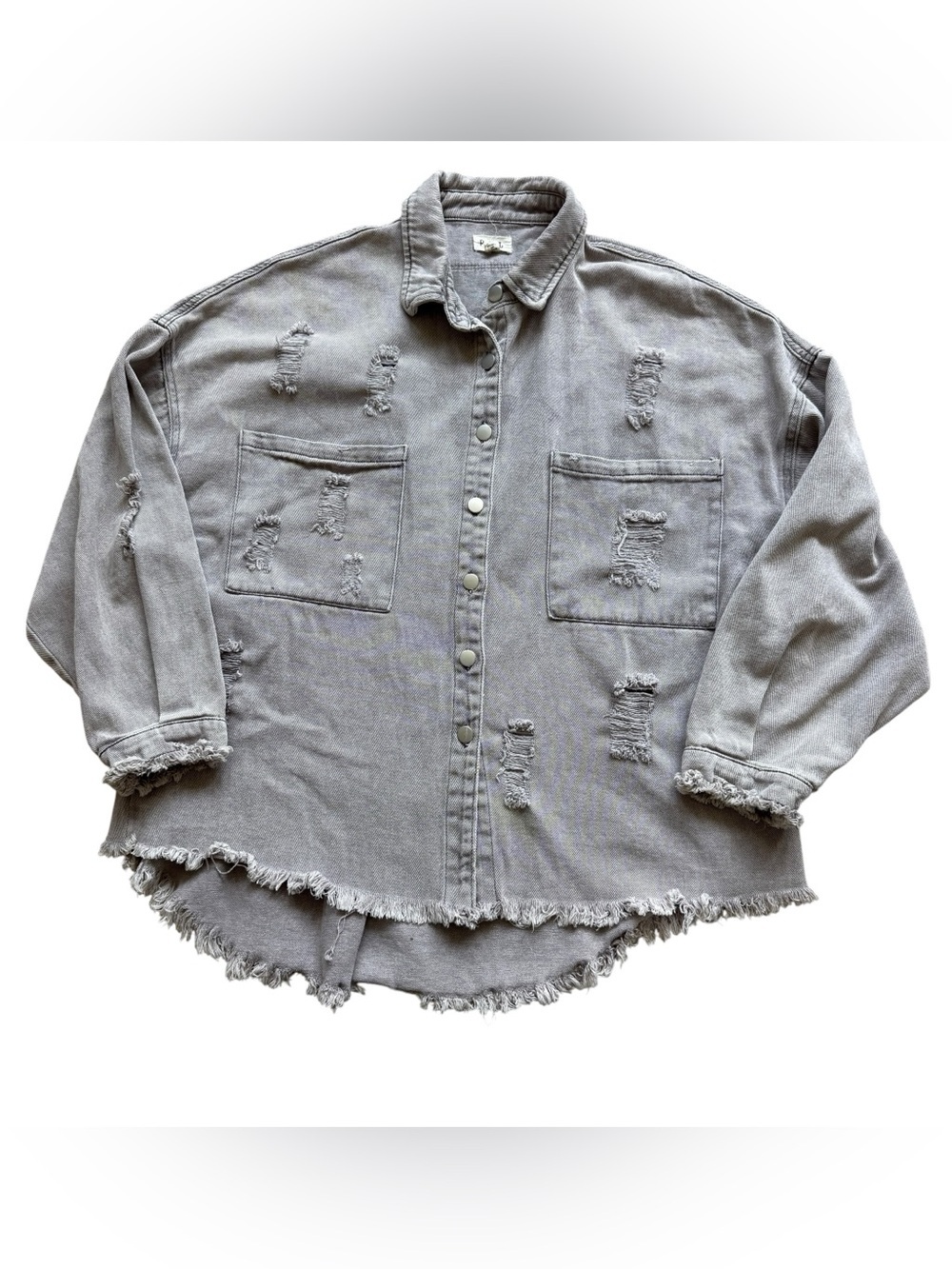 POL Gray Distressed Cotton Denim Shacket Frayed Oversized Button Up Shirt Sz S